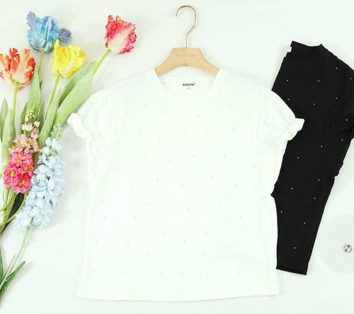 BELLA | Diamante Embellished Frill Sleeve Cotton T-shirt - BAMBI