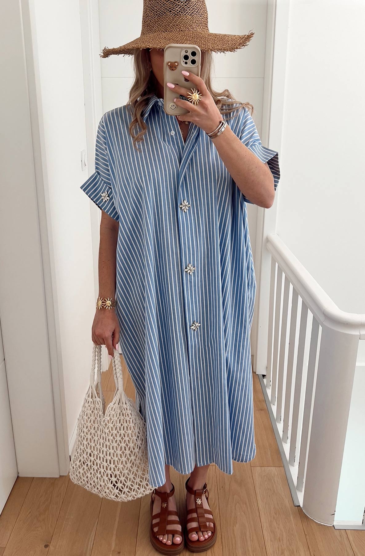 GRACE - Striped Diamante Oversized Midaxi Shirt Dress