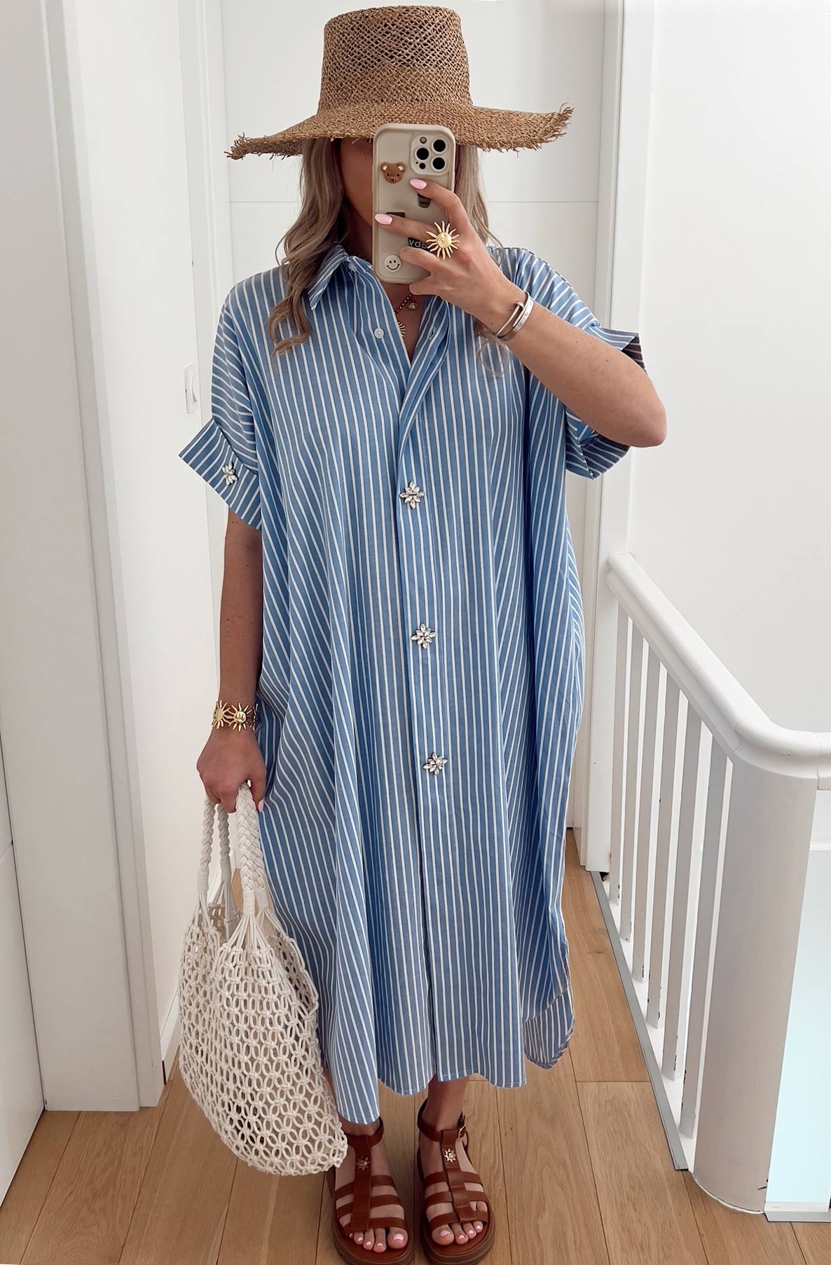 GRACE - Striped Diamante Oversized Midaxi Shirt Dress