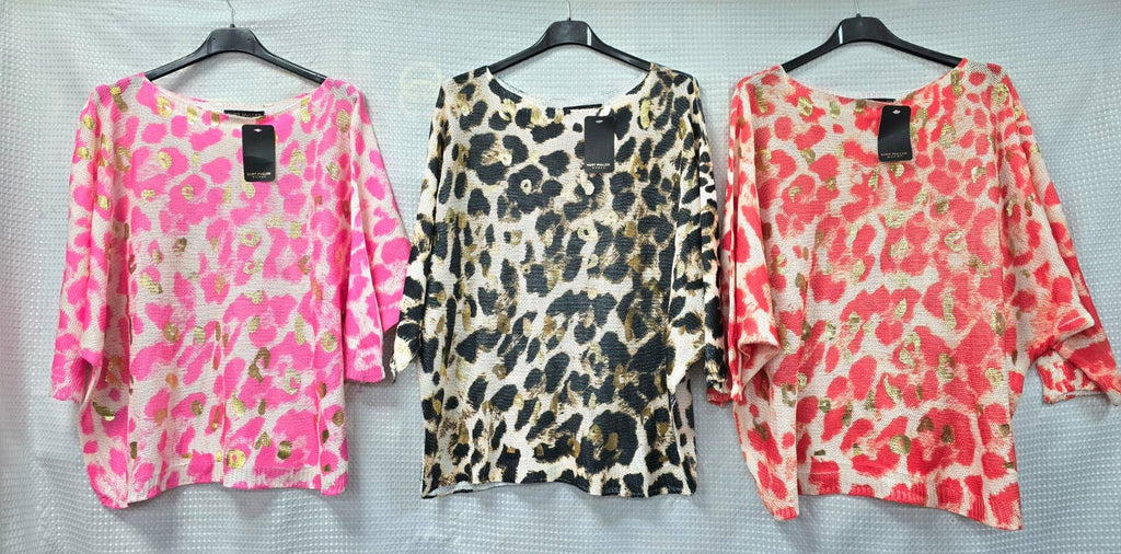 CORAL | Leopard Gold Foil Mesh Crew Neck Fine Knit | UK 10 - 16 - BAMBI