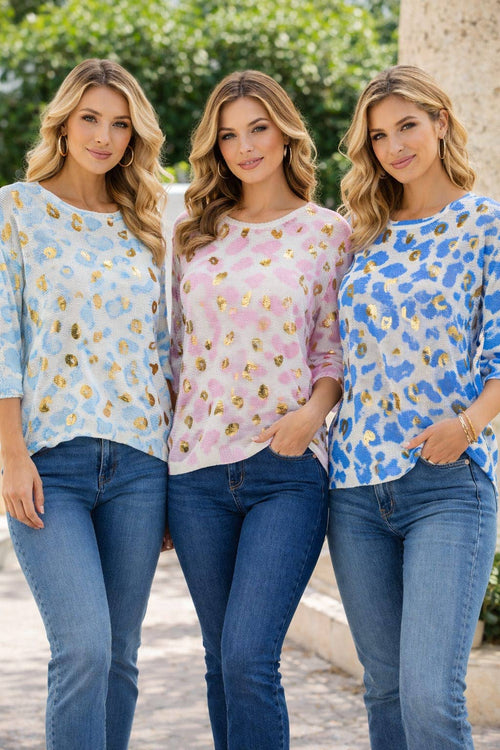 CORAL | Leopard Gold Foil Mesh Crew Neck Fine Knit | UK 10 - 16 - BAMBI